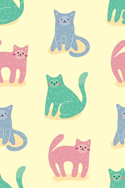 Patrón moderno sin costuras con gatos multicolores Impresión infantil linda Animales dibujados a mano simples en un diseño libre Ilustración vectorial