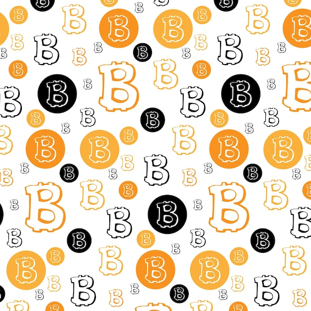 Patrón moderno sin costuras con signo Bitcoin. Monedas de oro, naranja y negro aislado sobre fondo blanco.