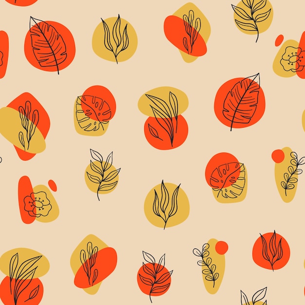 Patrón moderno sin fisuras con varias formas abstractas, plantas y hojas de doodle. Diseño contemporáneo de moda