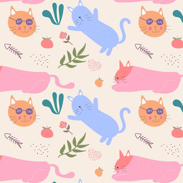 Patrón moderno infantil sin costuras con lindos gatos dibujados a mano. para tela, impresión, textil, papel pintado, prendas de vestir