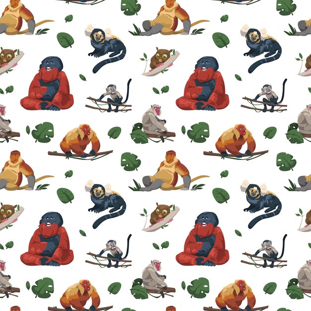 Patrón de mono Estampado tropical sin costuras con divertidos personajes de primates de la jungla telón de fondo interminable con diferentes especies de simios Textura de dibujos animados vectoriales Bestias del bosque o criaturas en la naturaleza