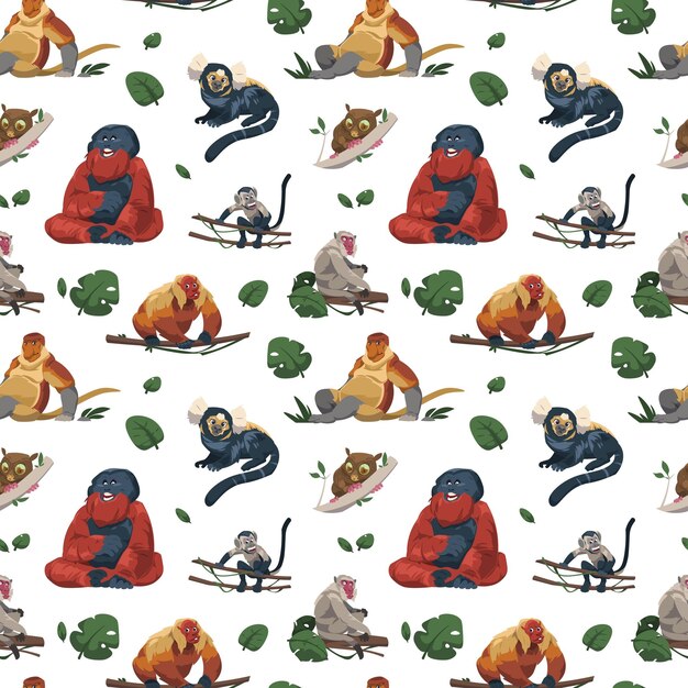 Patrón de mono Estampado tropical sin costuras con divertidos personajes de primates de la jungla telón de fondo interminable con diferentes especies de simios Textura de dibujos animados vectoriales Bestias del bosque o criaturas en la naturaleza