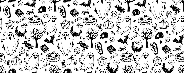 Vector patrón monocromático sin costuras de un lindo garabato dibujado a mano de halloween con fondo blanco y negro