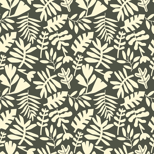 Patrón monocromático de moda sin costuras con hojas y flores tropicales abstractas en estilo plano