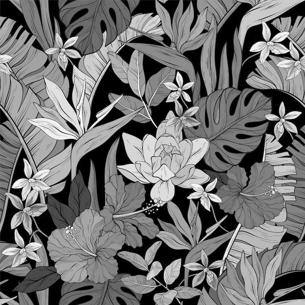 Patrón monocromo sin costuras con varias flores Hibiscus ave del paraíso flores y hojas de palma Ilustración vectorial