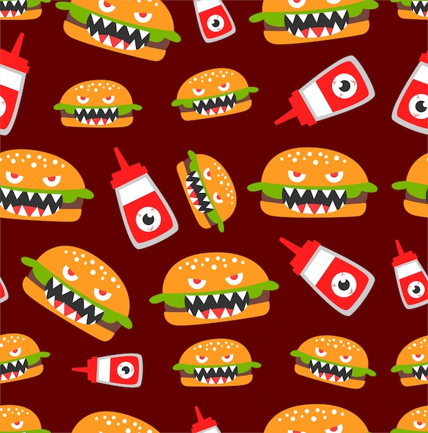Vector patrón de monstruo de hamburguesa sin costuras