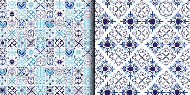 Patrón de mosaico azul Adorno sin costuras Curva dibujada a mano y mosaico floral Cerámica mediterránea o árabe Impresión para papel de regalo textil diseño de papel tapiz Decoración oriental ilustración vectorial