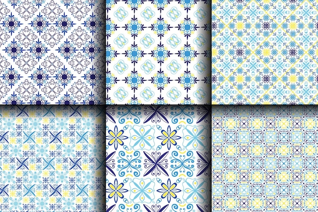 Patrón de mosaico azul Adorno sin costuras Curva dibujada a mano y mosaico floral Cerámica mediterránea o árabe Impresión para papel de regalo textil diseño de papel tapiz Decoración oriental ilustración vectorial