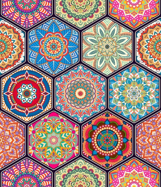 Patrón de mosaico sin costura mandala bohemio marroquí diseño vectorial indio colorido rosa tribal