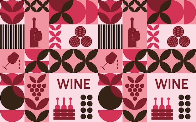 Patrón de mosaico sin costuras sobre el tema del vino tinto con íconos tradicionales Cartel de moda para el vino