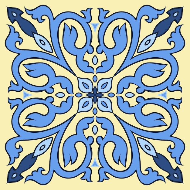 Patrón de mosaico de dibujo a mano alzada en colores azul y amarillo estilo mayólica italiana