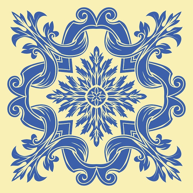Patrón de mosaico de dibujo a mano alzada en colores azul y amarillo estilo mayólica italiana