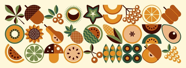 Patrón de mosaico de otoño estilo geométrico escandinavo concepto de agricultura ecológica abstracción frutas y