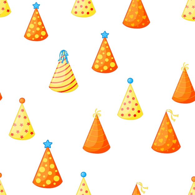 Patrón multicolor sin costuras de cumpleaños con gorras sobre un fondo blanco estilo de dibujos animados vector