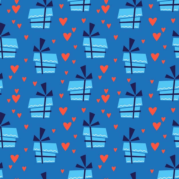 Patrón multicolor sin costuras con regalos en envoltura azul y corazones Día de San Valentín boda vacaciones
