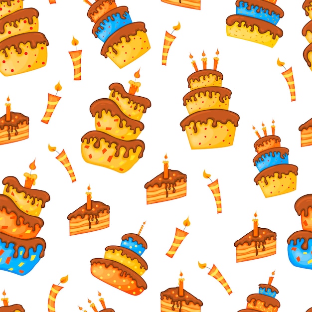 Patrón multicolor transparente de cumpleaños con pasteles y velas sobre un fondo blanco Estilo de dibujos animados Vector