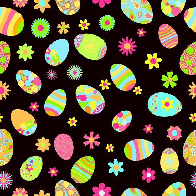 Patrón multicolor transparente de flores y huevos de pascua con varios adornos