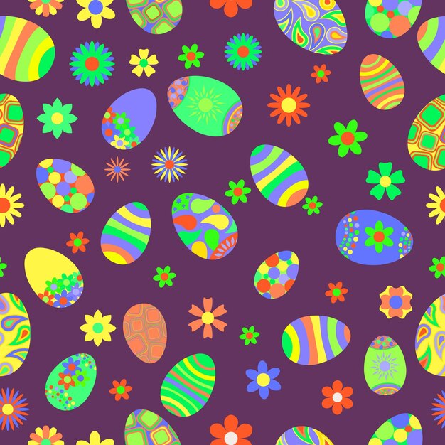 Patrón multicolor transparente de flores y huevos de Pascua con varios adornos