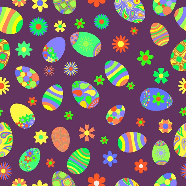 Patrón multicolor transparente de flores y huevos de pascua con varios adornos