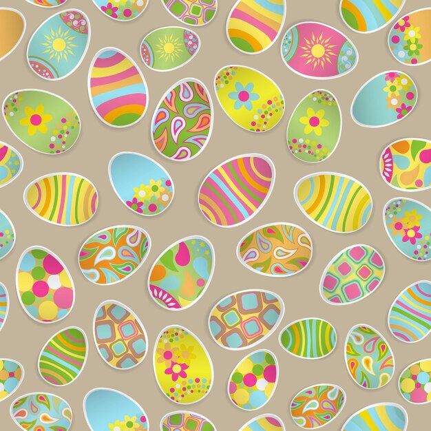 Patrón multicolor transparente de huevos de Pascua de papel con varios adornos