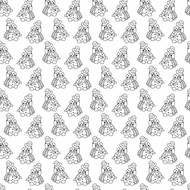 Patrón de muñeco de nieve7 Lindo patrón sin costuras con un muñeco de nieve en un sombrero y bufanda Ilustración de vector blanco y negro de dibujos animados