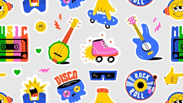 Patrón de música sin fisuras que muestra elementos de fiesta geniales vibraciones punk rebeldes y una variedad de rock