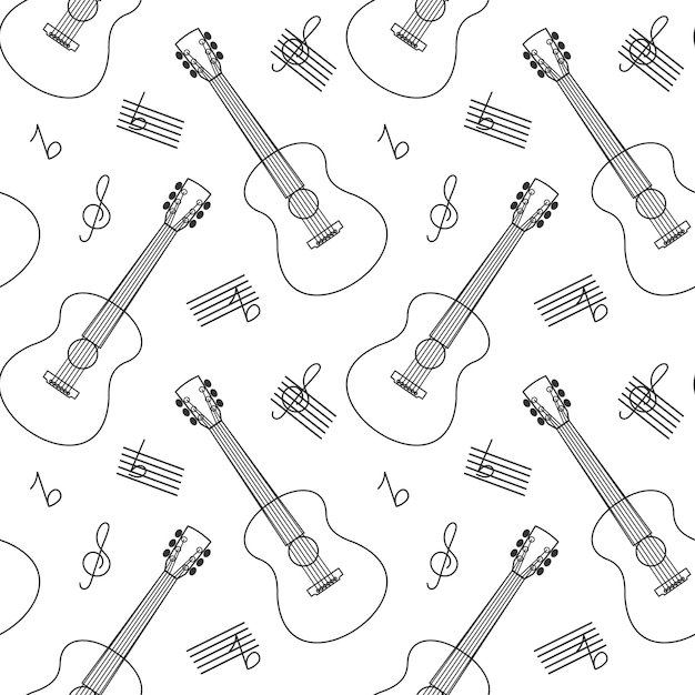 Patrón musical sin fisuras de guitarras acústicas clave aguda y notas musicales fondo de boceto