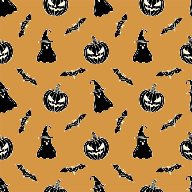Patrón naranja de Halloween con espeluznante fantasma de calabaza en sombrero de mago y murciélago dibujado a mano