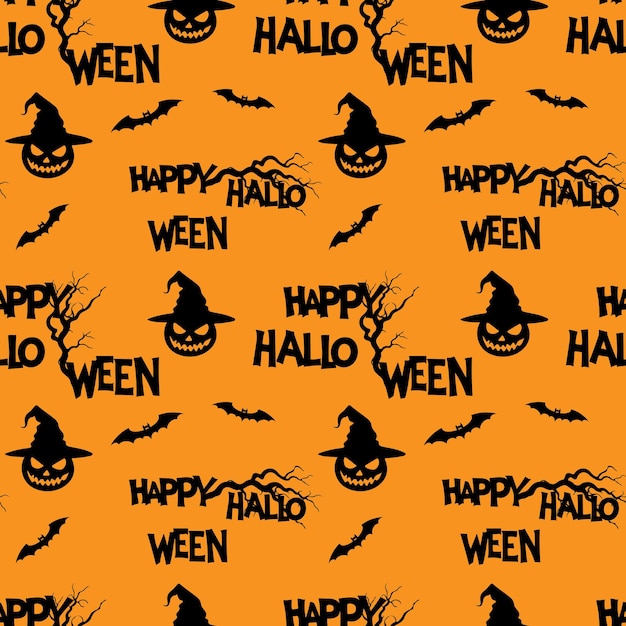Patrón naranja con letras de Feliz Halloween y murciélagos y calabazas en el fondo de un árbol nudoso