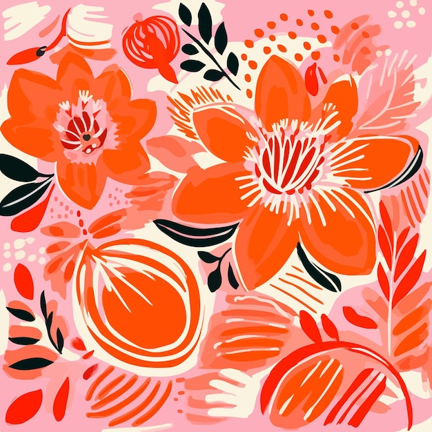 Un patrón naranja sobre tela con flores y hojas rosas.