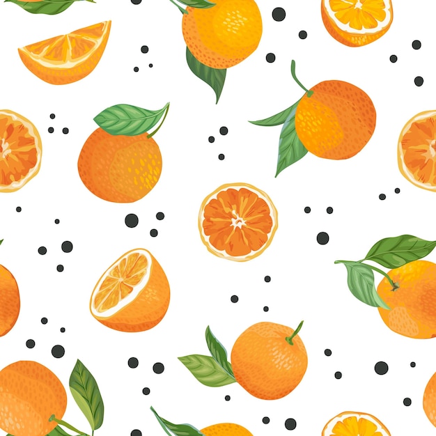 Patrón naranja transparente con frutas tropicales, hojas, fondo de flores. Ilustración de vector dibujado a mano en estilo acuarela para cubierta de verano, papel tapiz tropical cítrico, textura vintage