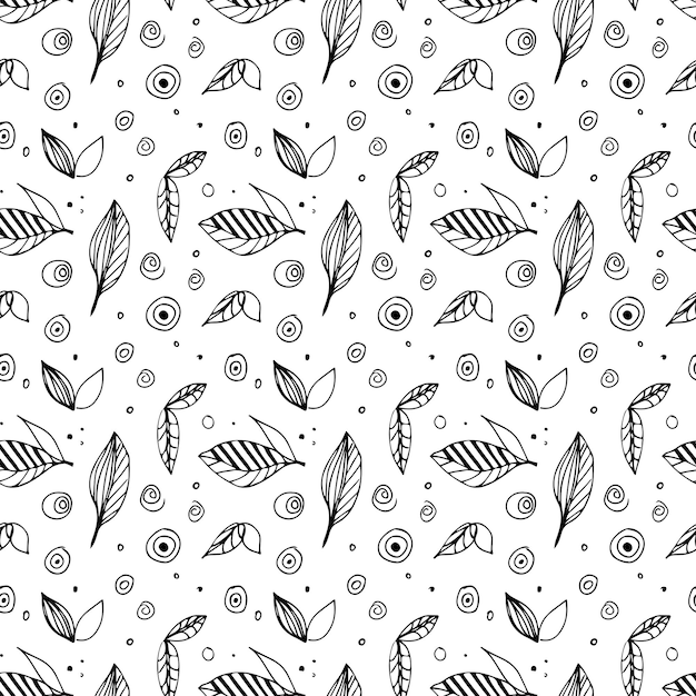 Patrón de naturaleza sin costuras Impresión de hojas en estilo doodle de moda Arte de línea blanco negro Elementos de botánica vectorial dibujados a mano Abstracto Fondo repetido para papeles de pared Papeles de envoltura textiles