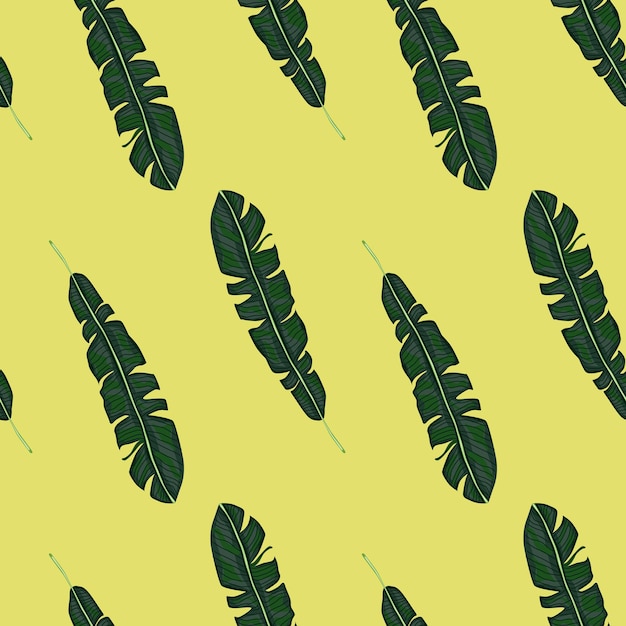 Patrón de naturaleza transparente de siluetas de hojas tropicales verdes. Fondo amarillo pálido. Impresión de follaje exótico. Impresión vectorial plana para textiles, telas, papel de regalo, fondos de pantalla. Ilustración sin fin.