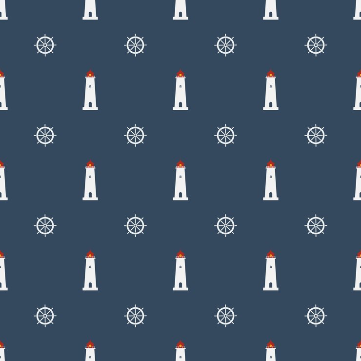 Patrón náutico sin fisuras con el icono de faro sobre fondo azul marino