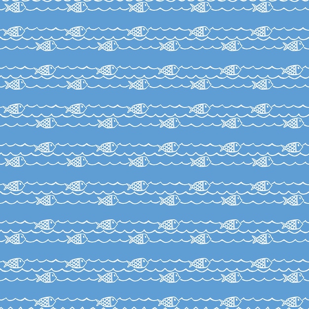 Patrón náutico, peces sobre olas. Fondo de verano. Ilustración de estilo elegante y de lujo.