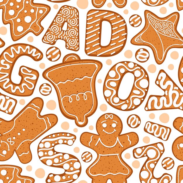 Patrón de Navidad Alfabeto decorativo de galletas y letras de pan de jengibre chillón vector celebración fondo transparente