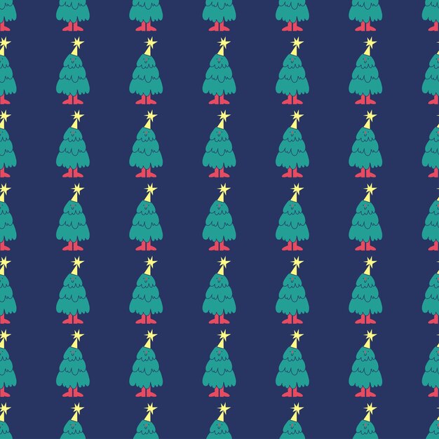 Patrón de Navidad de Año Nuevo con divertidos árboles de Navidad en estilo retro plano con estrella amarilla