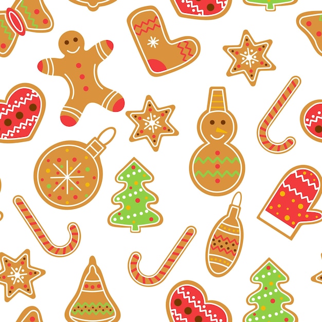 Vector patrón de navidad y año nuevo con pan de jengibre tradicional fondo festivo con galletas