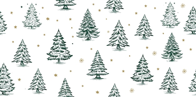 patrón de Navidad con árbol azul en ilustraciones dibujadas a mano blancas