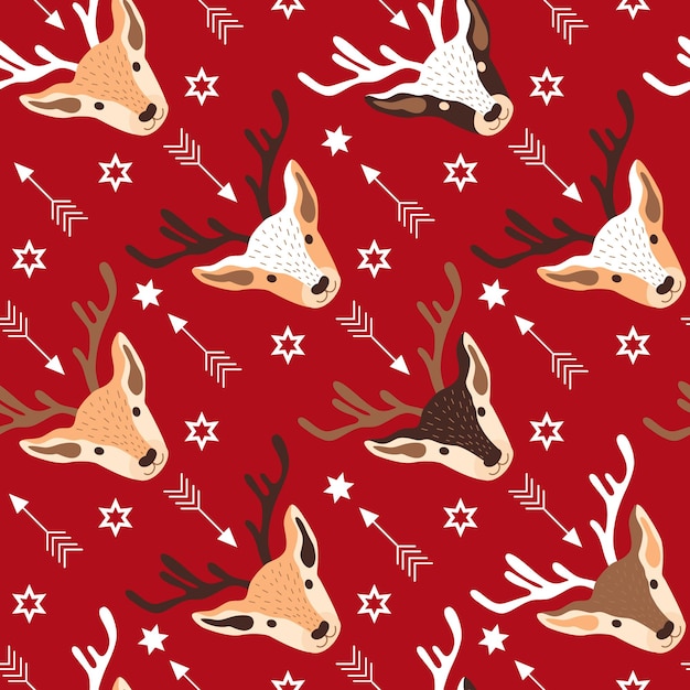 Patrón de Navidad con cabezas de renos y adornos en la ilustración de vector de fondo rojo