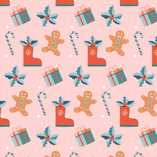 Patrón de Navidad sin costura con pan de jengibre Regalo para el hombre nd Candy Cane Ilustración de dibujos vectoriales lindos