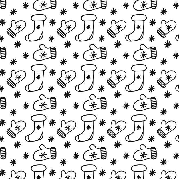 Patrón de Navidad sin costuras con calcetines y guantes de Navidad en estilo Doodle Patrón en el panel de muestra