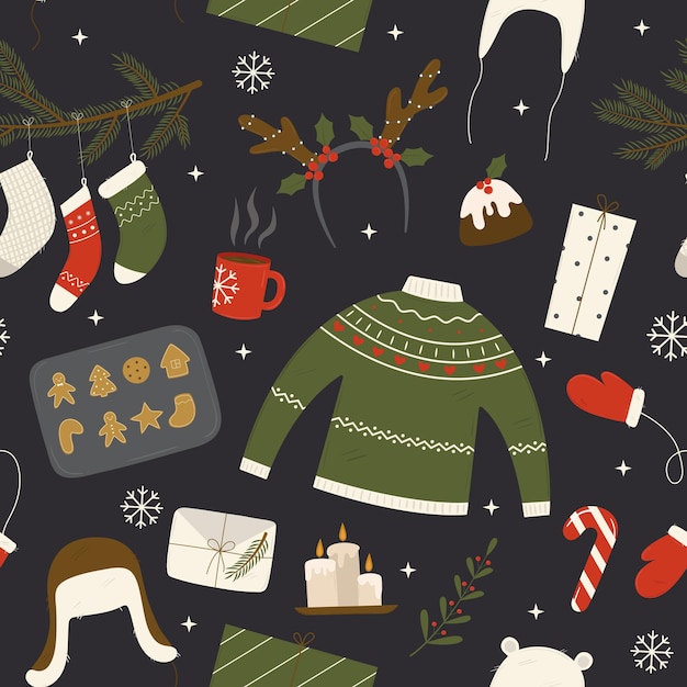 Patrón de navidad sin costuras con calcetines regalos astas de venado velas suéter adornos de ropa