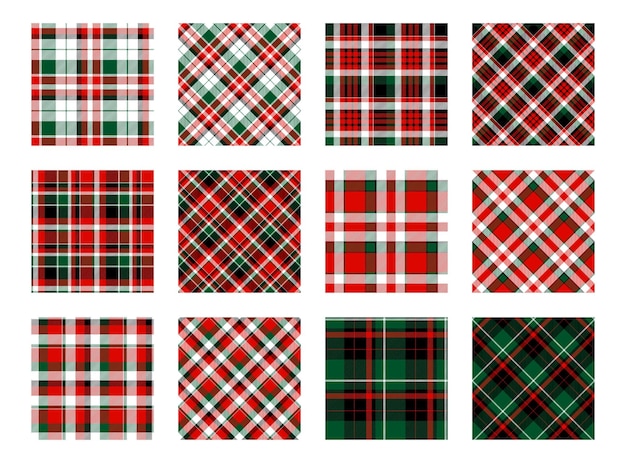 Patrón de Navidad sin costuras de cuadros vectoriales verdes, rojos y blancos. Fondo de vacaciones para tarjetas de felicitación, papel de regalo, impresión o papel tapiz de decoración de invierno.