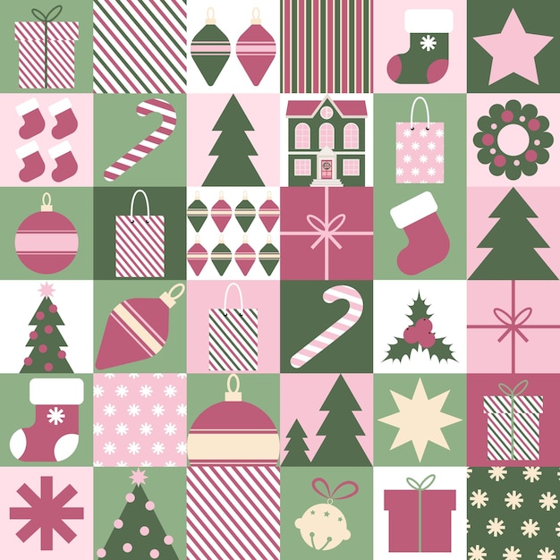 Patrón de Navidad sin costuras en estilo geométrico simple Fondo de Navidad en colores verde y rosa