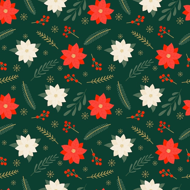 Vector patrón de navidad sin costuras con flores de nochebuena ramas bayas y copos de nieve sobre un fondo verde oscuro