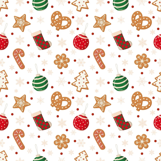 Patrón de Navidad sin costuras con galletas caseras tradicionales y adornos navideños Ilustración vectorial