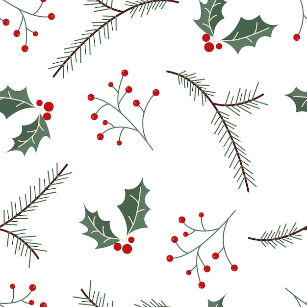 Patrón de Navidad sin costuras con hojas de acebo, rama de abeto y bayas sobre fondo blanco. Navidad