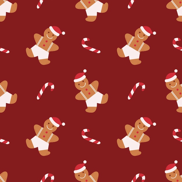 Vector patrón de navidad sin costuras hombre de pan de jengibre y lata de caramelo sobre fondo rojo fondo sin costuras vectorial para papel de embalaje de tela textil