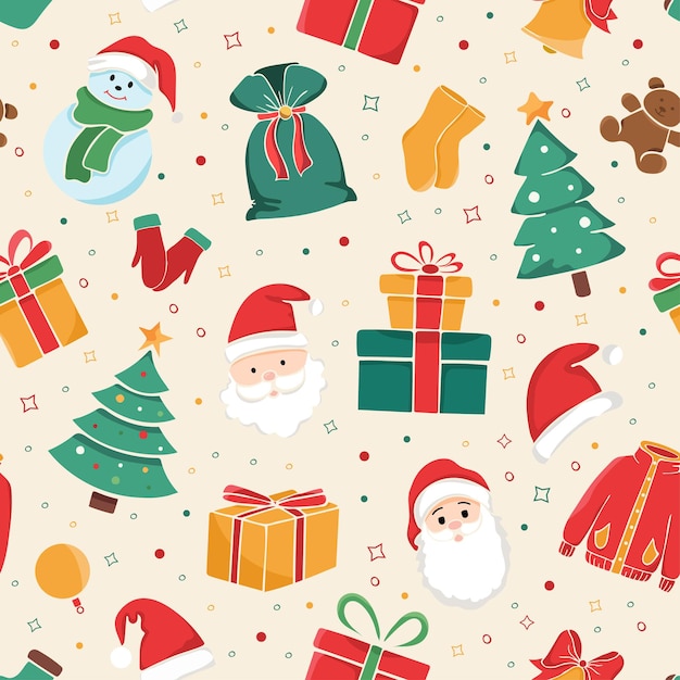 Patrón de Navidad sin costuras con iconos festivos para envolver tarjetas de felicitación de papel o prendas de vestir festivas